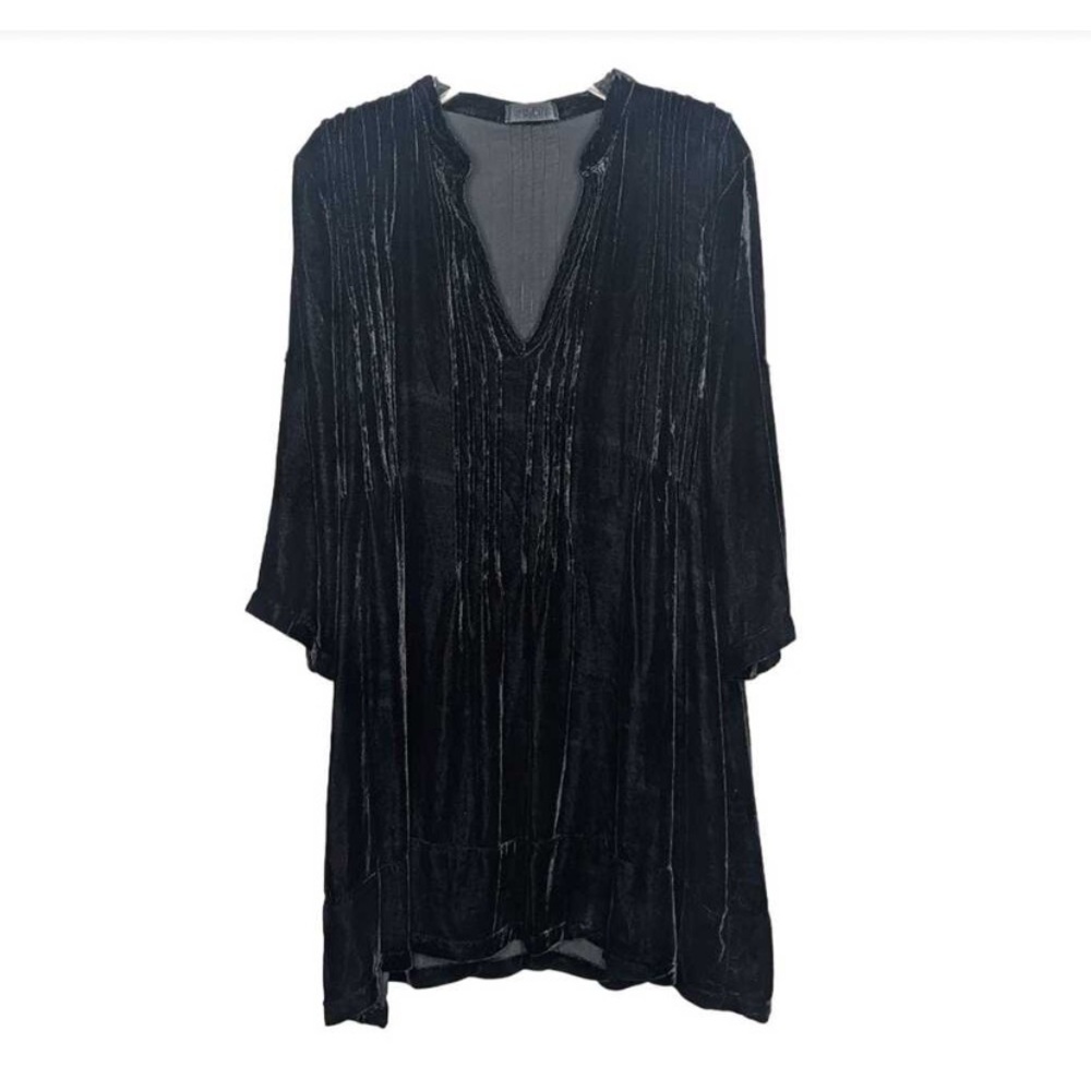 CP Shades Black Silk Velvet Tunic Swing Dress V-Neck Roll-tab MED Dark Romantic
